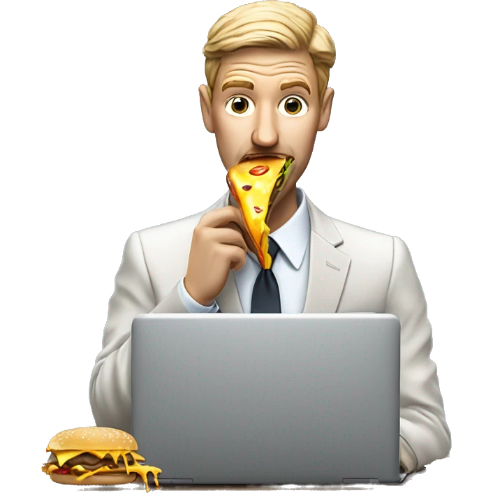 A business man in a suit eating a messy cheeseburger that is dripping onto his laptop like he doesn't care because lunch is more important than work.  emoji