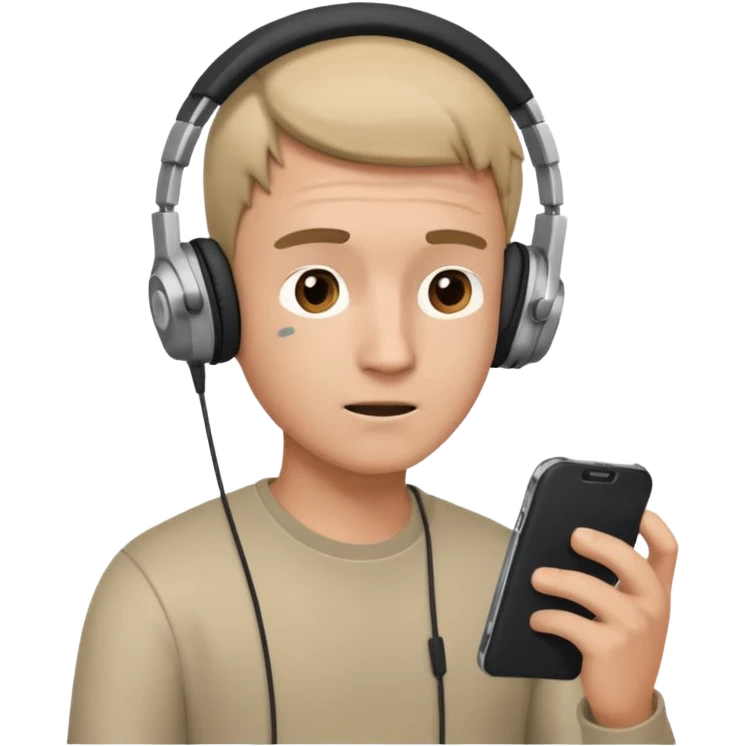 confused guy headphones on and with phone in hand turned to left quaterly emoji