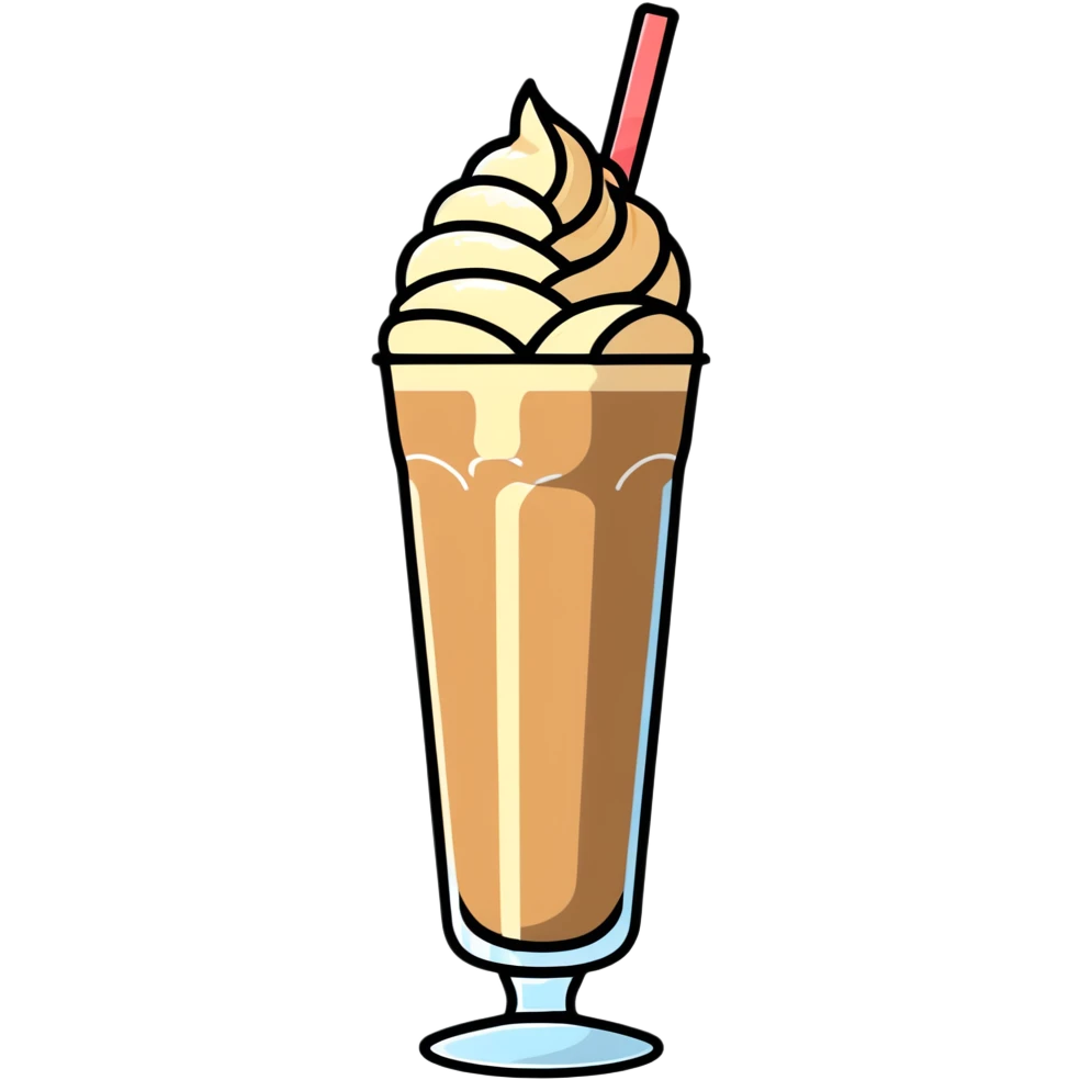 Cold coffee milkshake in a tall glass with ice cream on top emoji