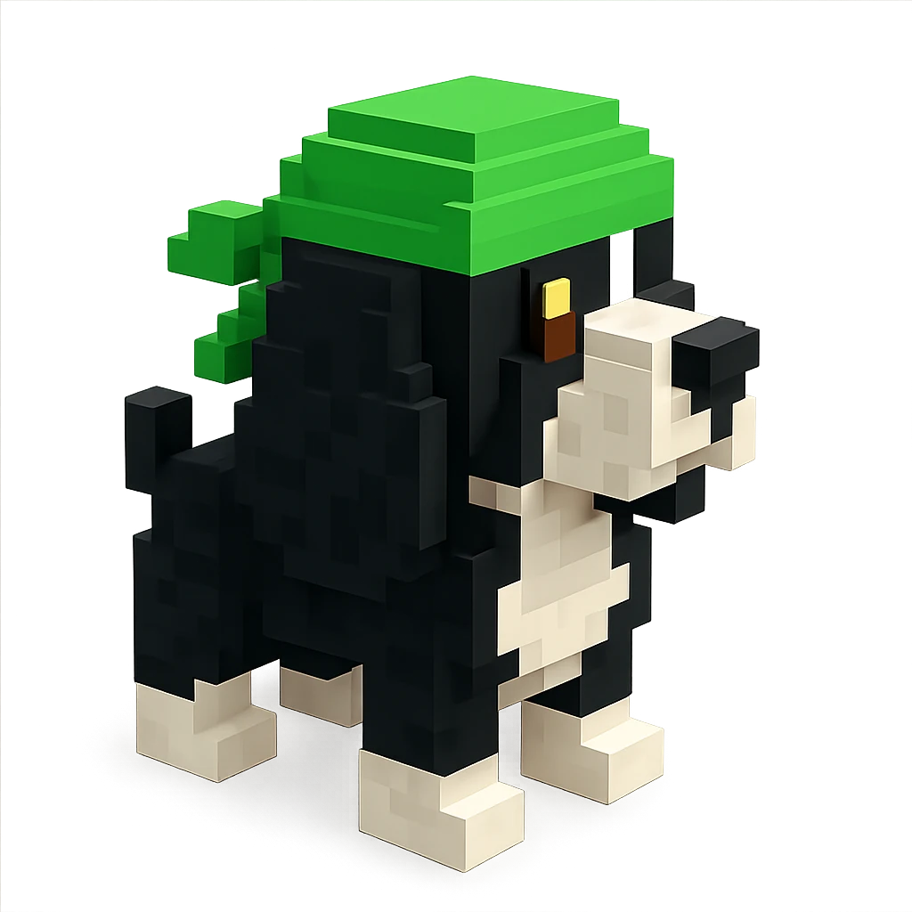 A black and white Russian Cocker Spaniel puppy wearing a green durag, facing left emoji