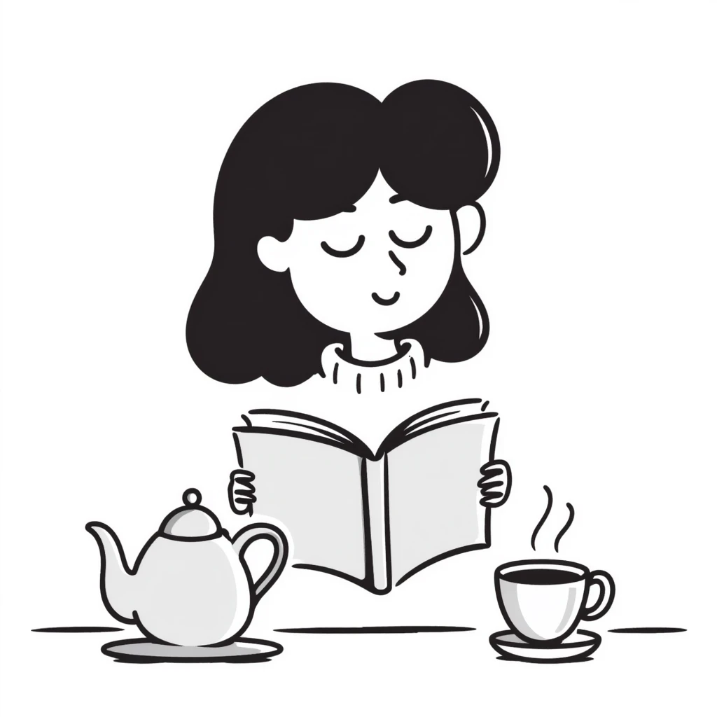 A person comfortably reading a book with a cup of tea nearby emoji