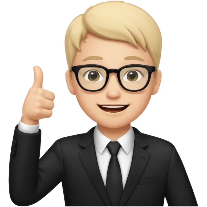un estudiante con terno negro que este parado con sus lentes guiñando el ojo y CON LAS MANOS HACIA ARRIBA DANDO LIKE emoji