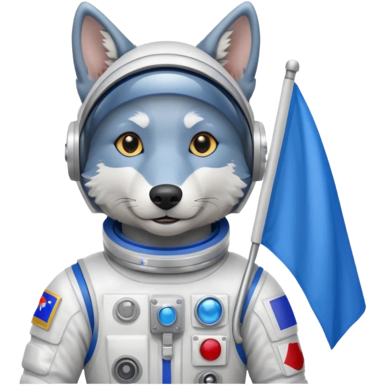 a wolf in space suit, holding blue rectangle flag emoji
