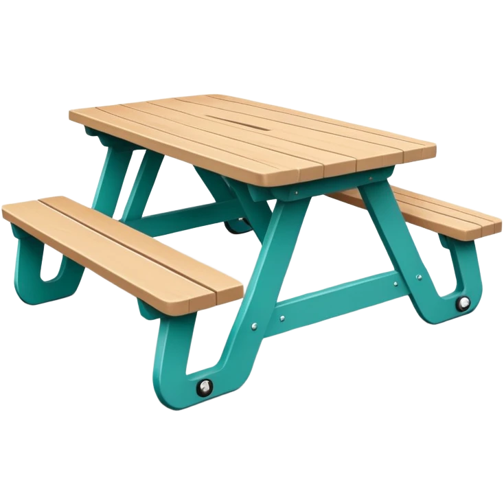 rectangular picnic table with benches, soft teal color, straight vertical legs, wheels underneath, flat wood-style silhouette, clean geometry, minimal shading, theatrical prop emoji