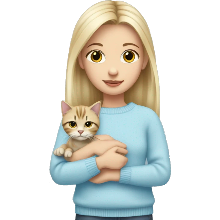 Blond shoulder lenght hair girl in a baby blue sweater holding a tabby cat with with paws and face emoji