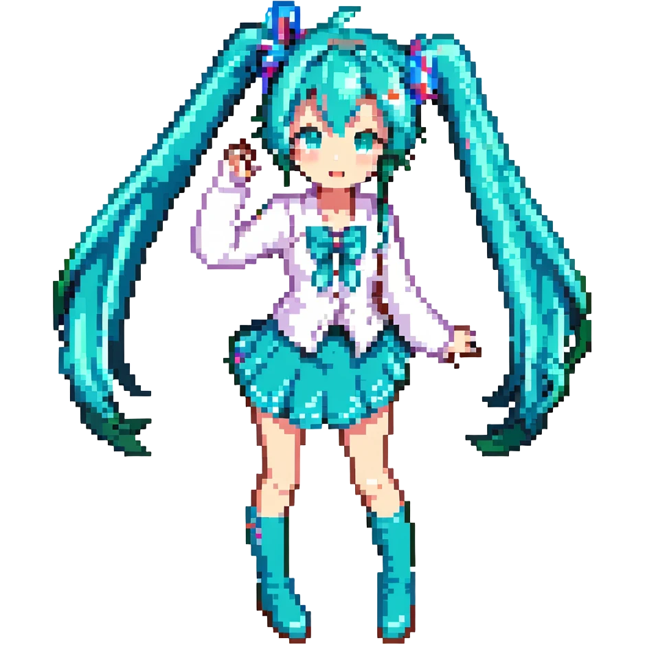 Hatsune Miku pixel art style, turquoise twin tails, simple outfit, singing emoji