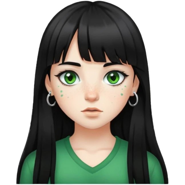 Sou uma menina de pele branca, tenho cabelos que vão até depois do ombro e são pretos, tenho franja, olhos verdes, sardas, piercing na sobrancelha  emoji