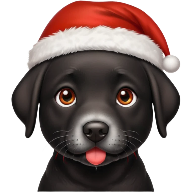 A cute, all-black Labrador Retriever, about 2 years old, wearing a Santa hat. (I need English) emoji