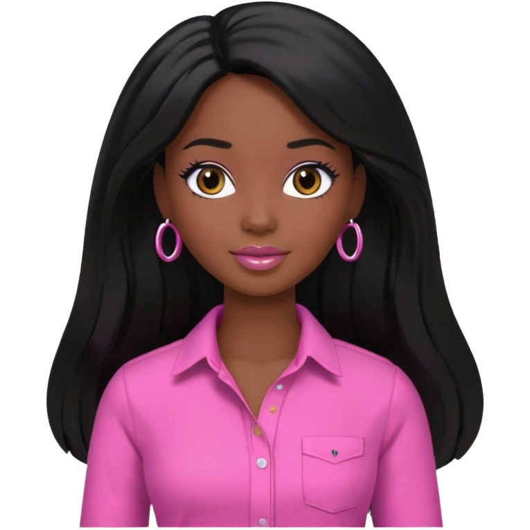 Make skin Darker skin Black barbie, long black  hair, pink  shirt  emoji