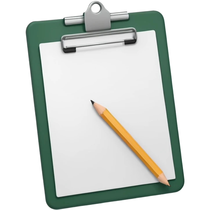 white sheet of paper with dark green clipboard and pencil on the side, iOS emoji style, minimalism emoji