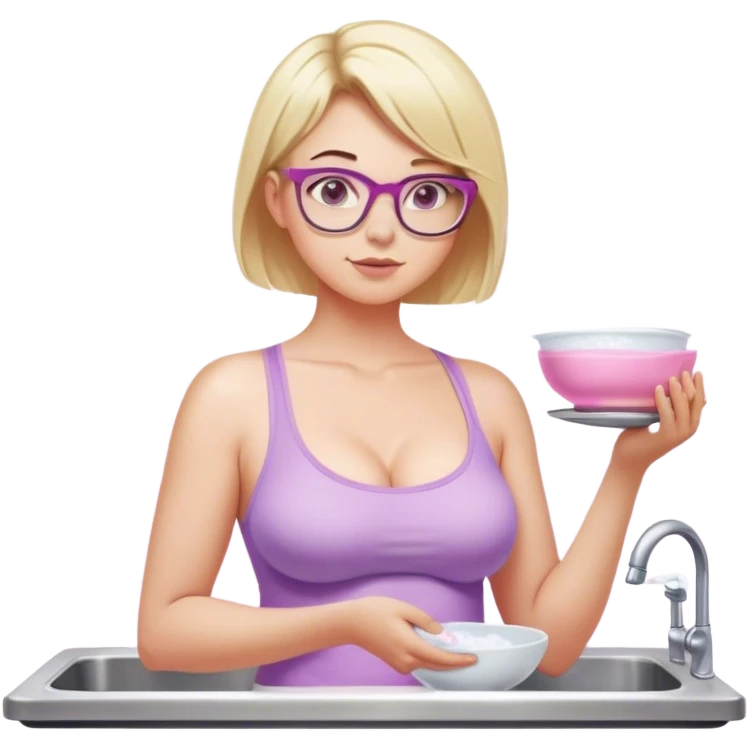 Thick fair skinned woman, short blond hair, small light purple reading glasses, washing dishes, sheer pink tank top, showing natural B cup breast shape SFW, black yoga pants, thick booty emoji
