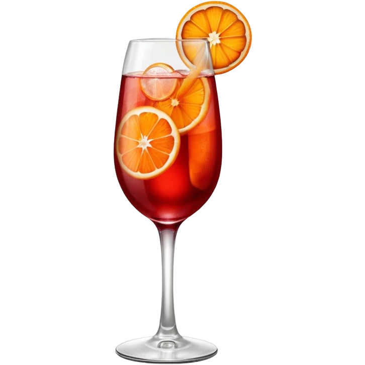 A tall elegant wine glass filled with bright red Campari spritz, with bubbles, an orange slice, and a curled orange peel garnish. emoji