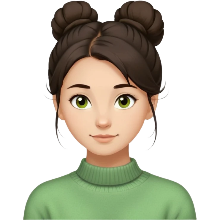 a girl with long dark brown hair with high disheveled bun in light green sweater, a slight smile, brown eyes emoji