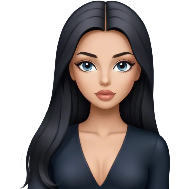 Glamours, tanned, very beautiful girl, with big pump peach-beige-rose lips, long long lashes, black straight smooth silky long hair, straight parting hair, blue-grey eyes in black long-sleeves v-neck bodysuit emoji