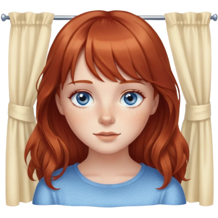Brown red hair girl with eyelashes and blue eyes and freckles with a small nose and flowy hair with curtain bangs  emoji