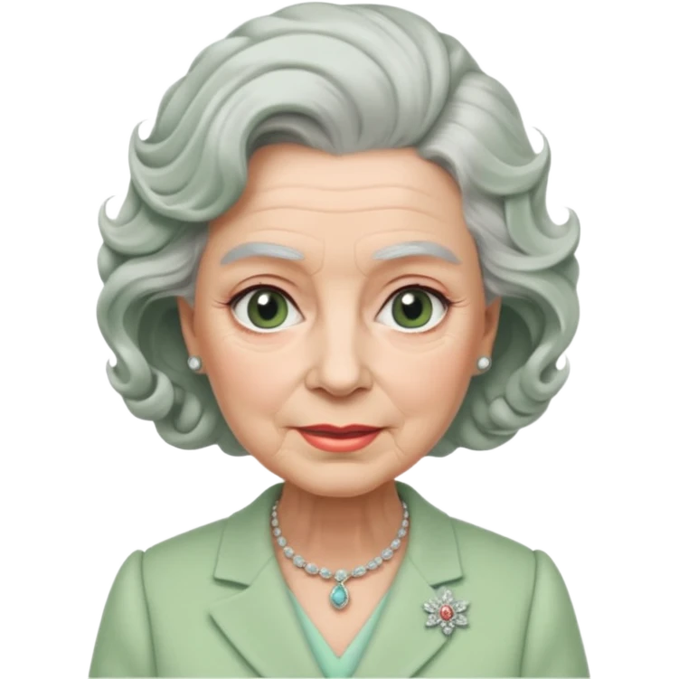 Queen Elizabeth with grey hair and waves in pastel green clothes emoji