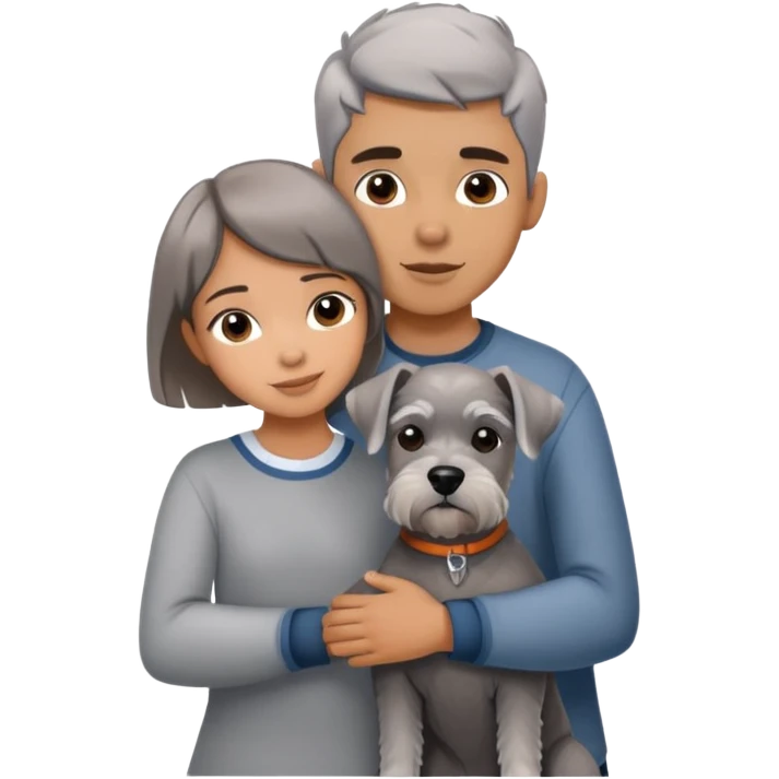 a boy and a shorthair girl hug a grey Schnauzer emoji