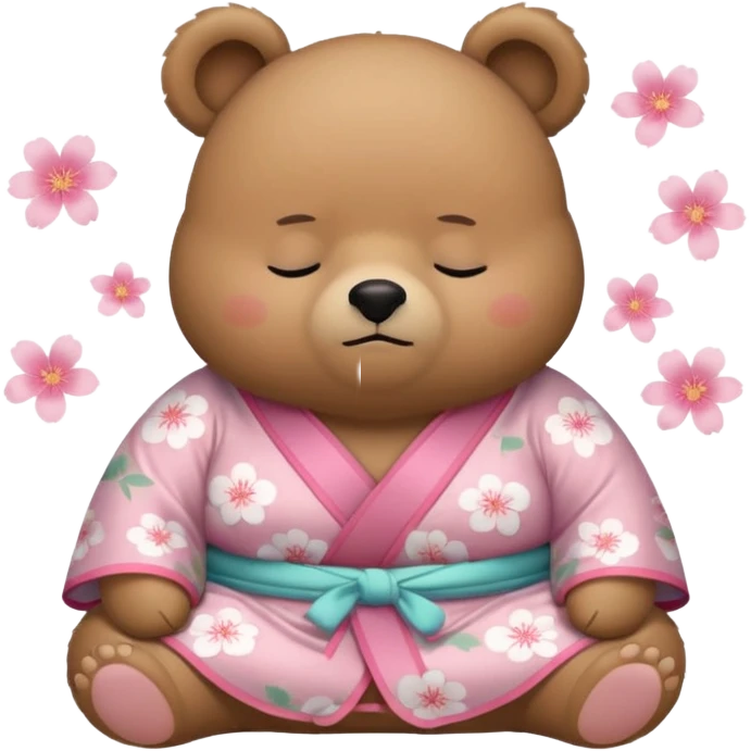 A cute chubby light-brown bear wearing a pastel pink sakura-patterned kimono, body and round head, adorable simple face, sleepy half-closed eyes, small blush on cheeks, sitting while dozing off, tiny “zzz” floating above the head emoji