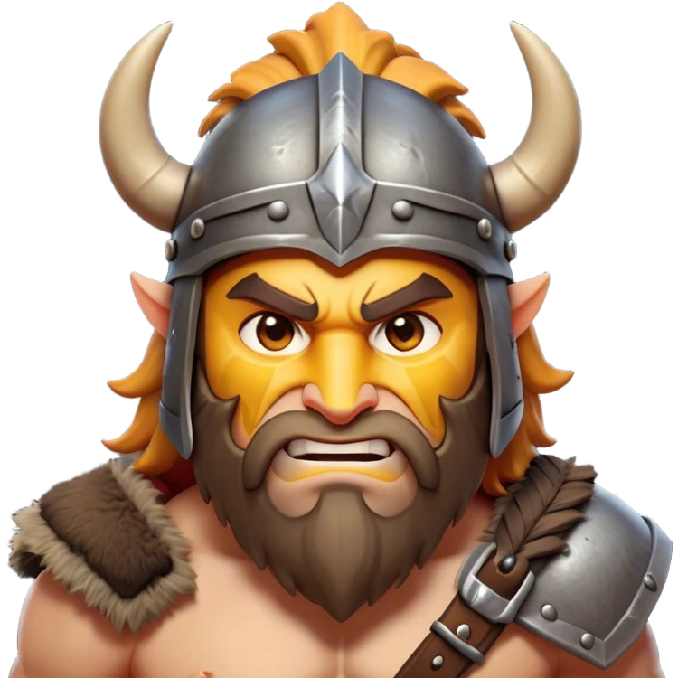 Cinematic Fierce Barbarian Portrait Emoji, Poised and bold with a rugged yet cartoonish build in tattered furs and a horned helmet, expressive bright eyes and a confident smirk, Simplified yet dynamic features, highly detailed, glowing with a vivid, adventurous aura, high shine, heroic and spirited, stylized with an air of medieval warrior charm, focused and energetic, soft glowing outline, capturing the essence of a fearless barbarian adventurer ready to lead his clan with spirited valor! emoji