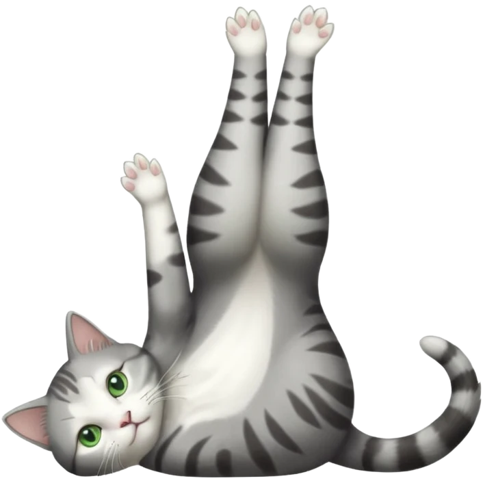 grey and white cat with green eyes doing a big extremely long stretch reaching up into the air with arms and legs side by side together straight and overextended whilst lying on its side emoji
