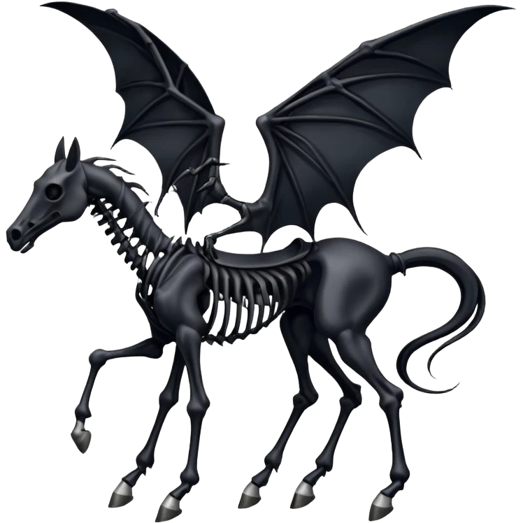 thestral: Winged horses visible only to those who have witnessed death and understand its significance. Can u make it thinner? Like an achal tekkine? Long legs, wings like from a bat, head like a sekeleton horse emoji