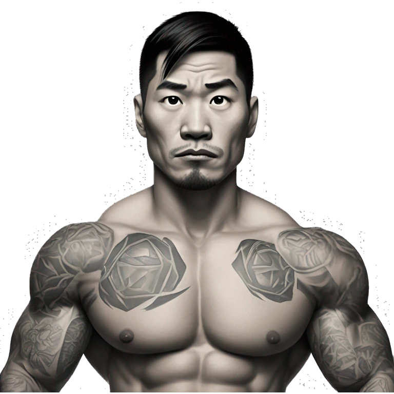 bad boy asian. tattoos. muscles. holding weights. realistic looking (proper man), full body with legs. making the 'rizz' face  emoji