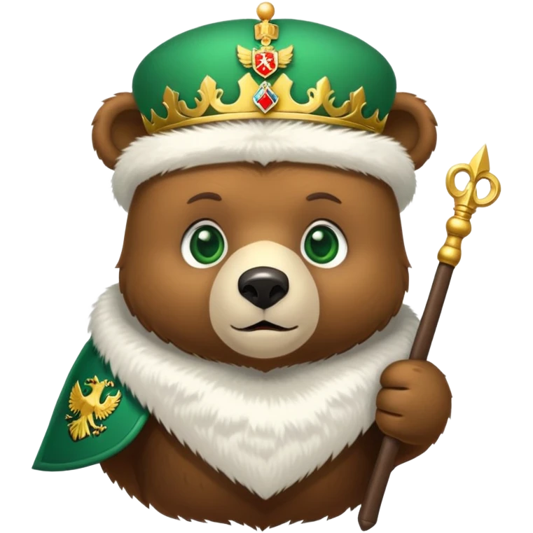 Adorable brown bear with green eyes, white furry ushanka, detailed Russian Federation emblem with golden double-headed eagle, three crowns, scepter and orb, St. George on chest shield, minimalist iOS emoji style emoji