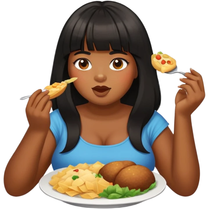 Brown skin girl with bangs black long hair plus size with food emoji