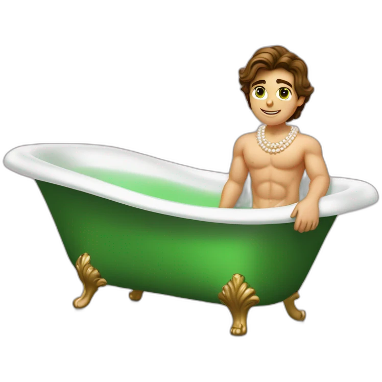 Posh-muscle-boy-brown-hair-green-eyes-pearl-necklace-in-golden-bathtub-legs emoji