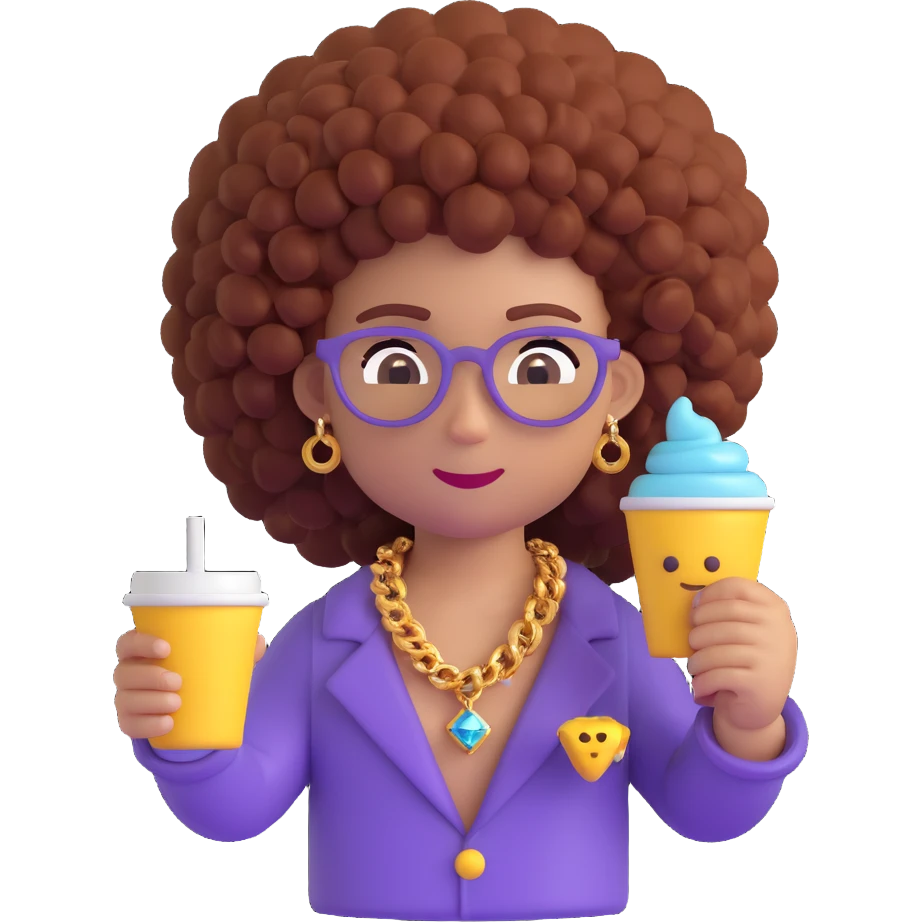 3D emoji of a character with a high curly afro, flashy 'samu' diamond chain, holding a cup of lean and a joint emoji