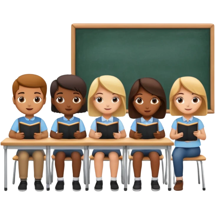 a classroom with students and a blackboard emoji