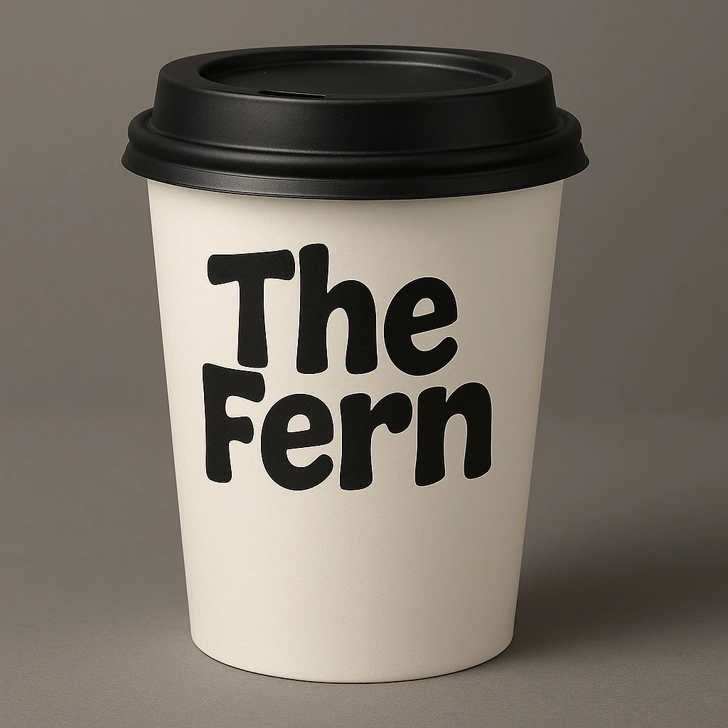 Make the white coffee cup a to-go cup with a lid, keep 'The Fern' in bold, playful letters, simple and eye-catching. emoji