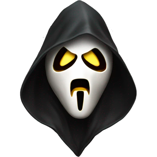 “Apple emoji of Ghostface: white mask with a screaming expression, dark eyes, and a black hooded cloak.” emoji