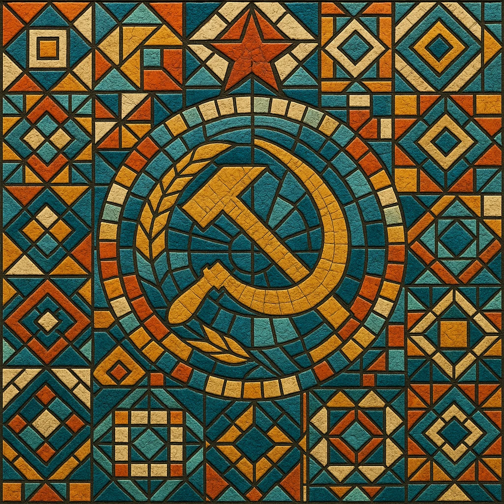 Soviet mosaic pattern in the style of Kerama Marazzi ceramic tiles, intricate geometric shapes, vibrant colors emoji