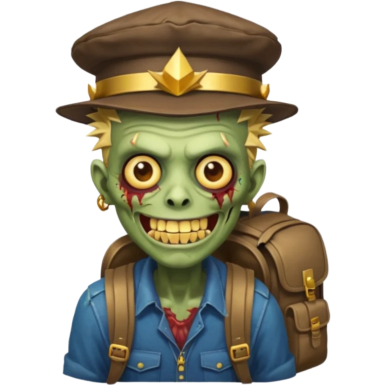 Zombie portrait with spikey hair, smirking with gold teeth, Astor’s hat, and a backpack emoji