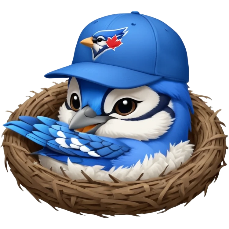 baby bluejay bird, sleeping in nest, with blue jays baseball hat emoji