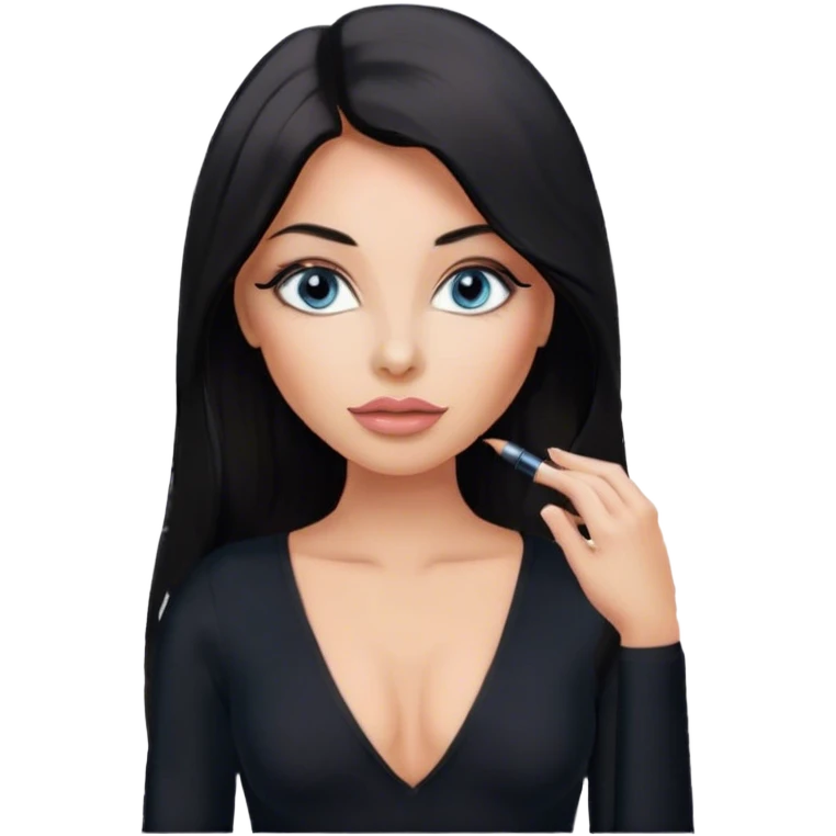 Glamours, tanned, beautiful, girl, with blue eyes, big pump peach-beige-rose lips, eyeliner, long lashes, black straight smooth silky long hair, parting hair in the middle,  in black v-neck bodysuit long sleeves emoji