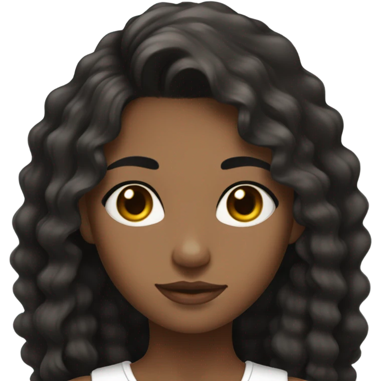 Girl with brown skin tone, wavy black hairs, pretty black eyes and long lashes and white shoulder down tto emoji