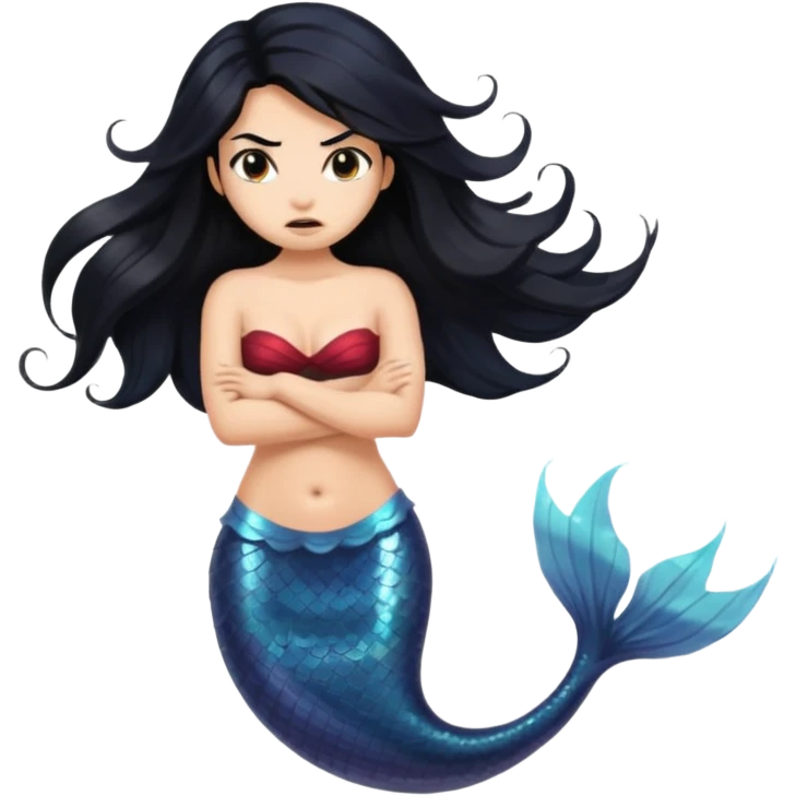 Angry mermaid with black hair and black and brown tail. Long hair covering chest. emoji