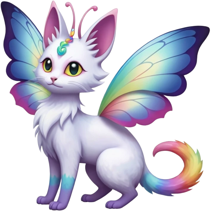 Pure-snow-White albino iridescent with pastel rainbow-gradients-color-markings with swirly patterns butterflies  faerie-Noivern-Noibat-Purloin-Torracat-Lykoi-Caracal-cat-Fakemon-fusion-hybrid-creature emoji