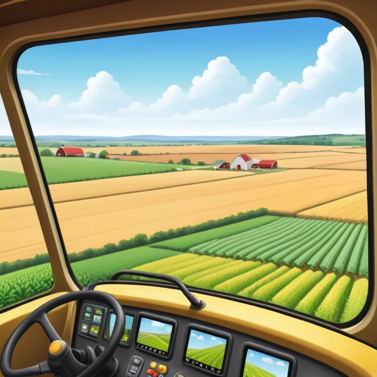 a view from the tractor cabin, with the dashboard in focus, overlooking a vibrant rural landscape. Inspired by Farming Simulator 22, the scene includes fields, crops, and distant barns under a bright sky. The design highlights the immersive experience of farm management. transparent background emoji