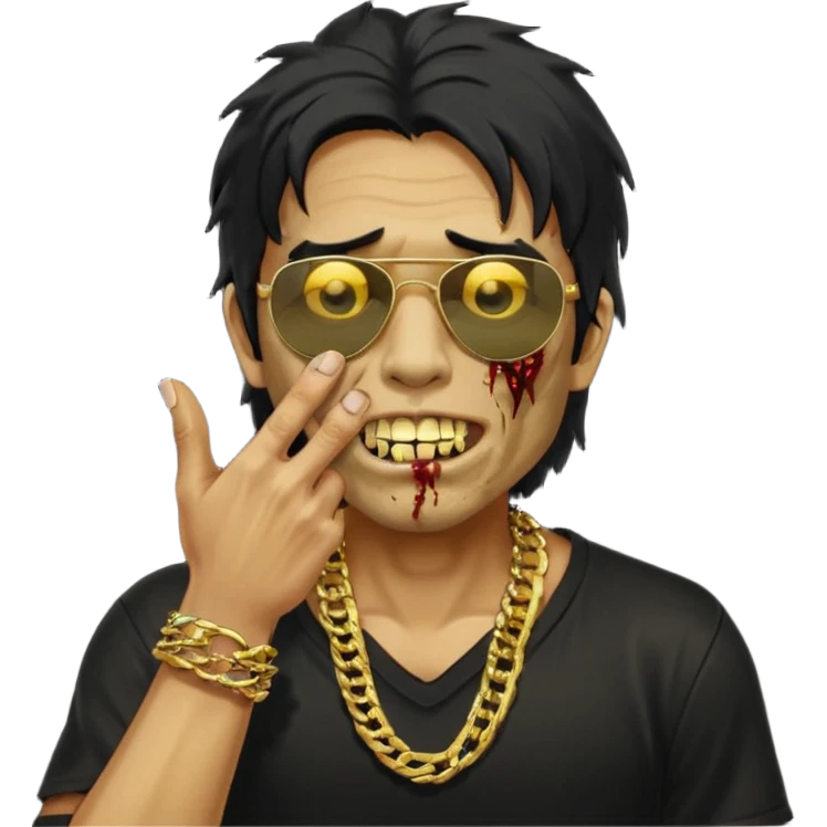 cabelo liso desordenado negro homen con aparencia de zombi y que haga un gesto mostrando los dientes de oro que se agarre la boca con la mano y que sea color piel, ponle unas gafas brasileñas, una camisa negra y que tenga cadenas de oro emoji