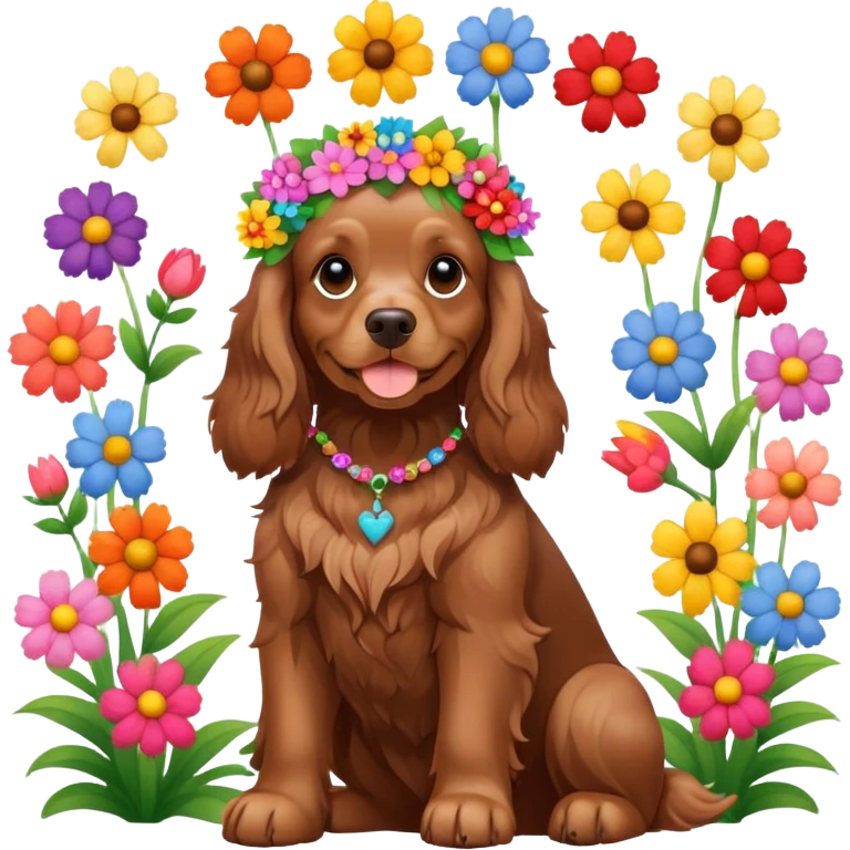Full body shot of a brown cocker spaniel sitting happily with lots of flowers on his head emoji