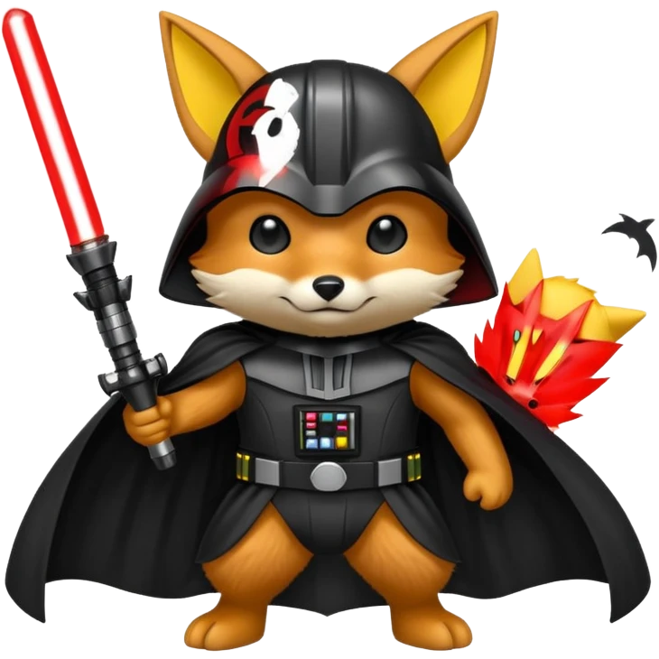 A fox wearing a darth vader Costume with pikachu emoji