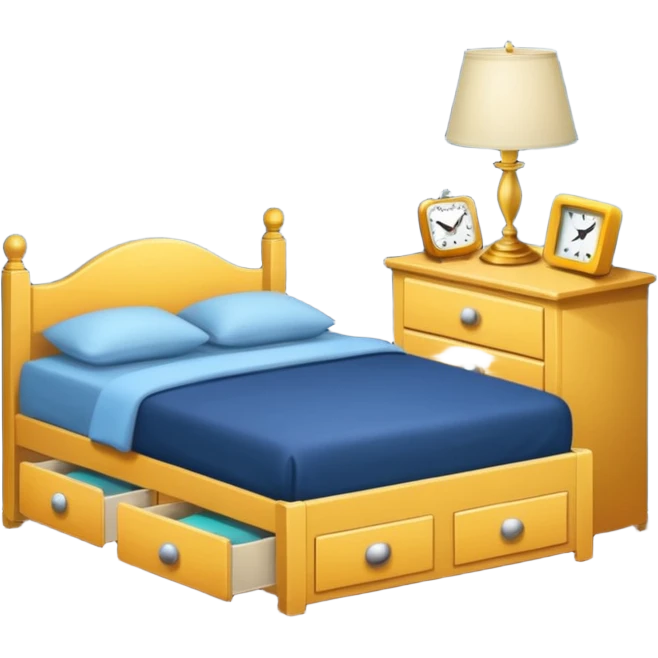 Cupboard-commode-drawer-night-bed-stand with a night lamp on, a photo on, and a digital alarm clock on emoji