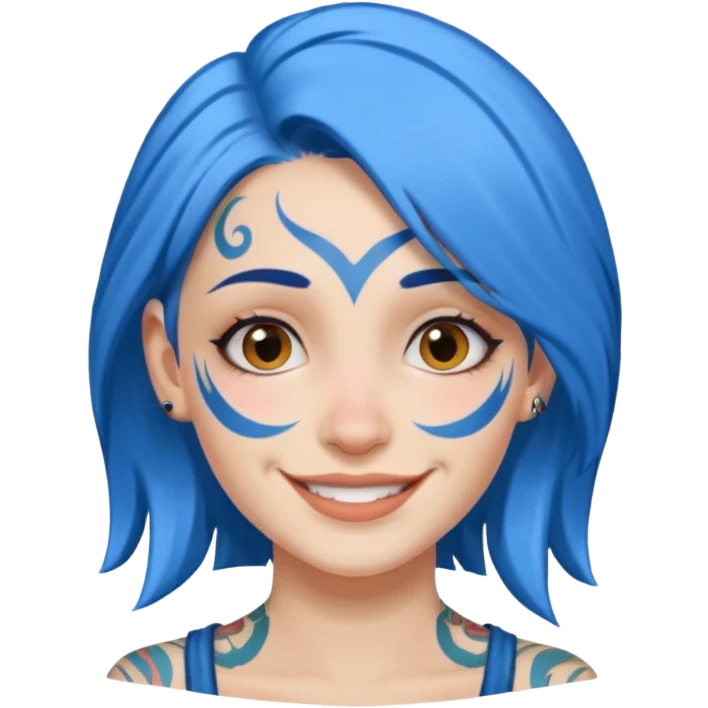 smiling woman with blue hair and a face tattoo emoji