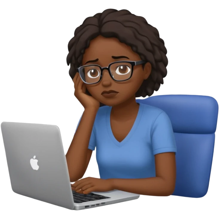 Create an emoji of a tired girl of african american descent, sitting at a laptop, looking exhausted and frustrated. They have slouched posture, representing overwork and burnout. emoji