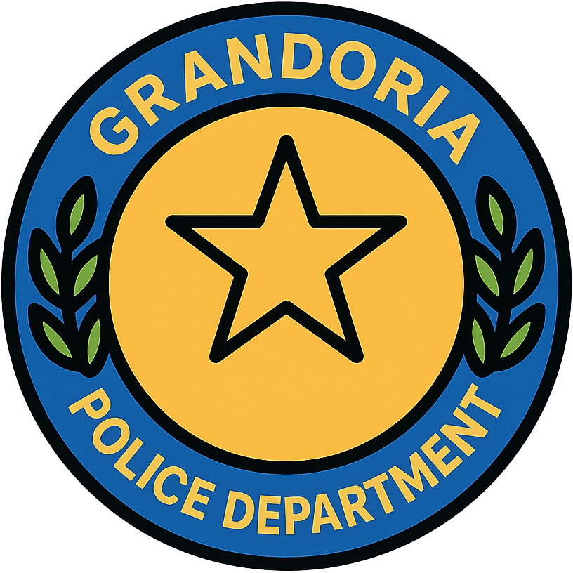 badge-style circular logo for 'GRANDORİA POLİCE DEPARTMENT', laurel leaves, central star, strong serif lettering, official and trustworthy appearance, detailed lineal color icon style emoji