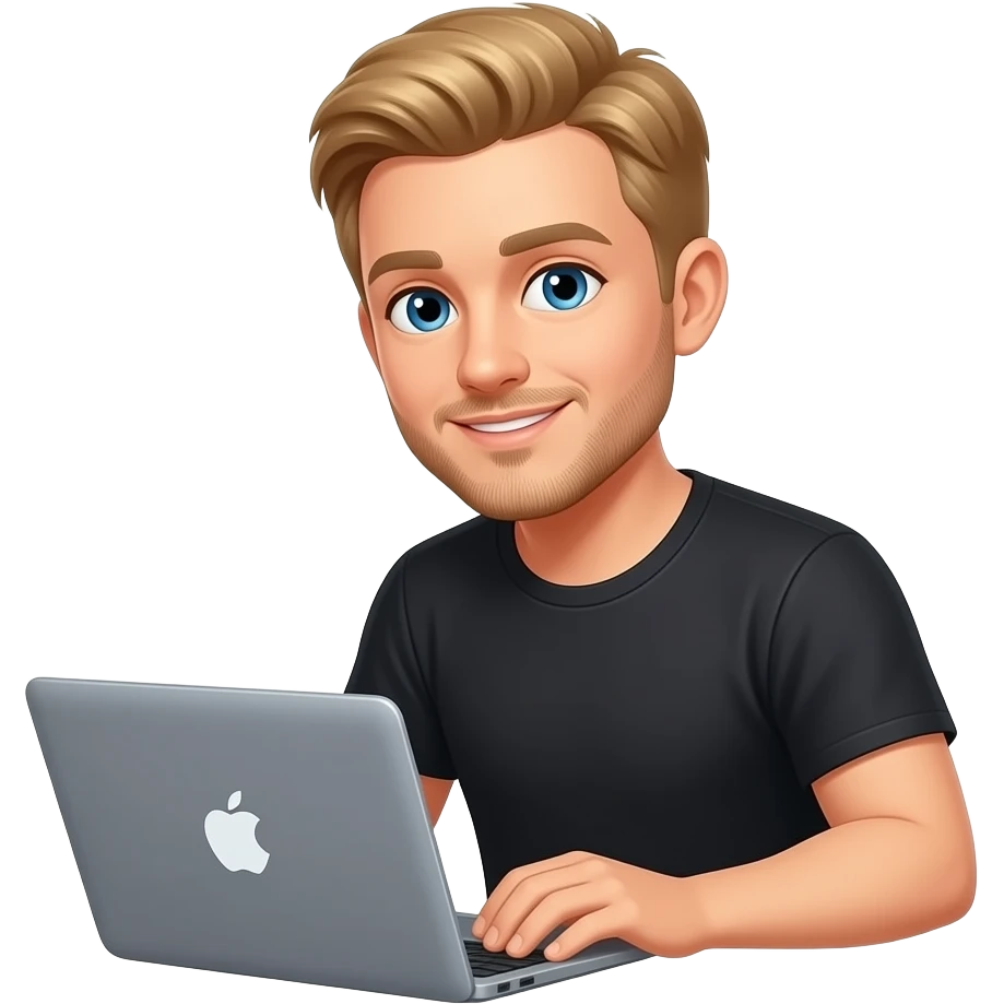 Блондин парень в черной футболке  сидит за ноутбуком apple  c короткой стижкой emoji