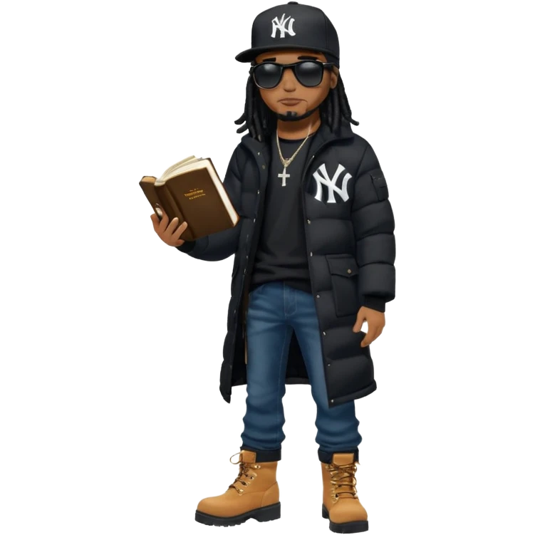 African American man with shoulder length black dreadlocks and black sunglasses wearing a black New York Yankees baseball hat with a North Face brand bubble winter coat with denim skinny jeans and timberland boots walk holding a holy bible in hand emoji